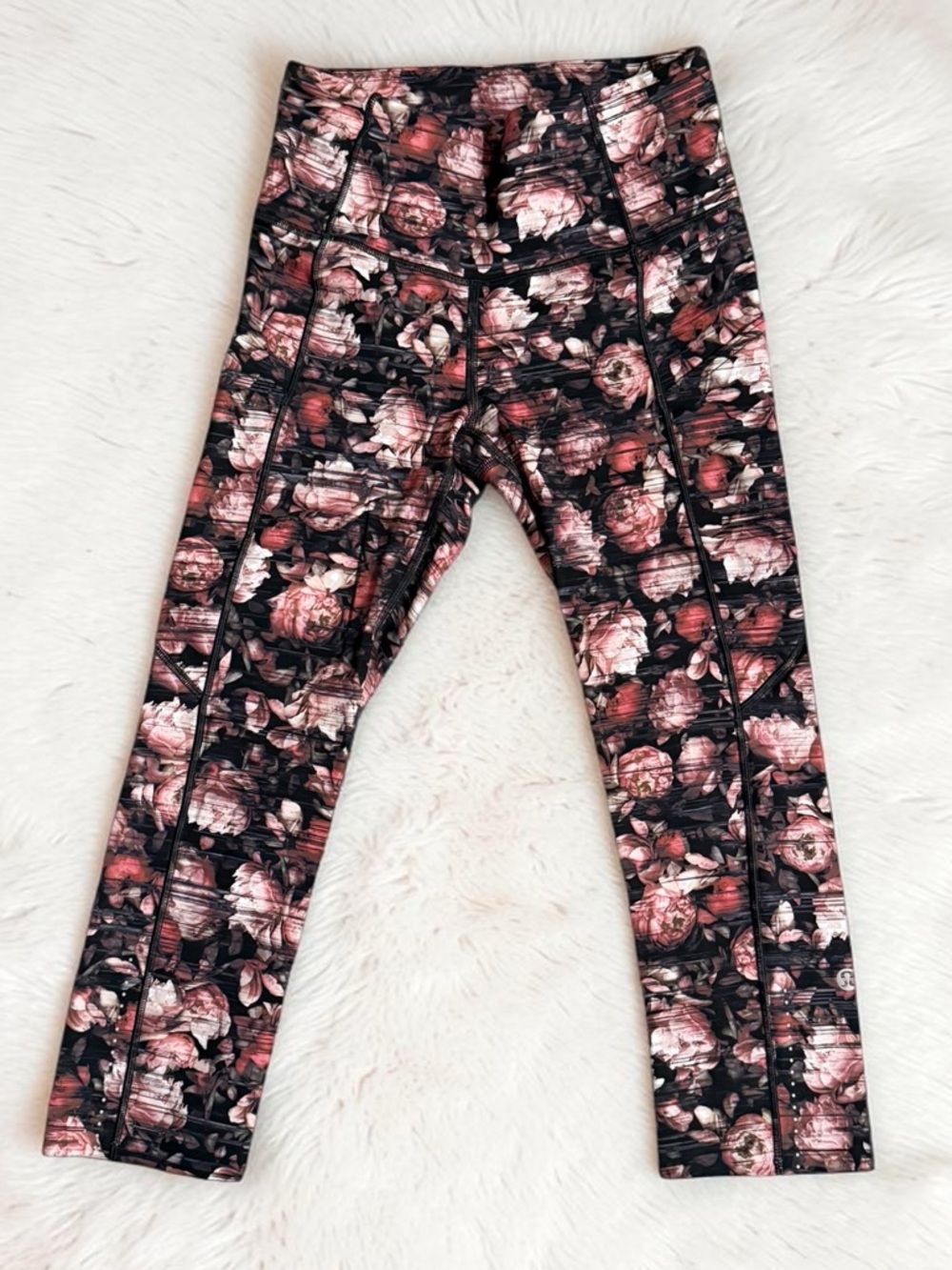 lululemon athletica Black Floral Print Leggings with Pink Roses